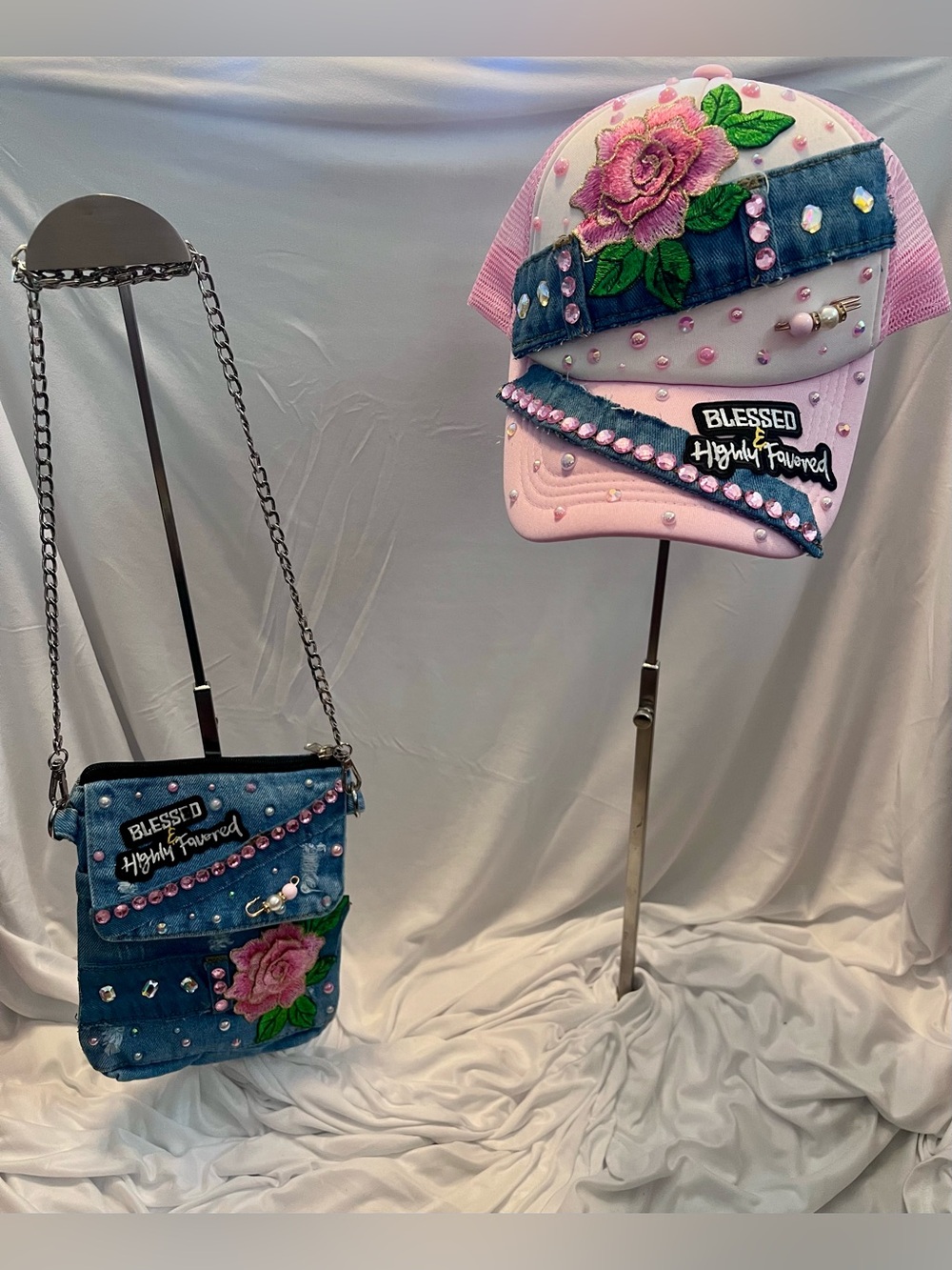 'Blessed Highly Favored' Pink & Denim Embellished Cap and Crossbody Set